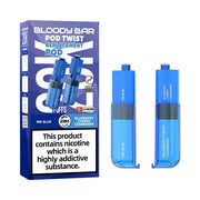 Pack of Bloody Bar Pod Twist 20K Prefilled Replacement Pods in Mr Blue and Blueberry Cherry Cranberry flavors, offering a candy vape with smooth nicotine delivery; easy-to-use pods designed for rich flavor, consistent vapor, and hassle-free vaping.